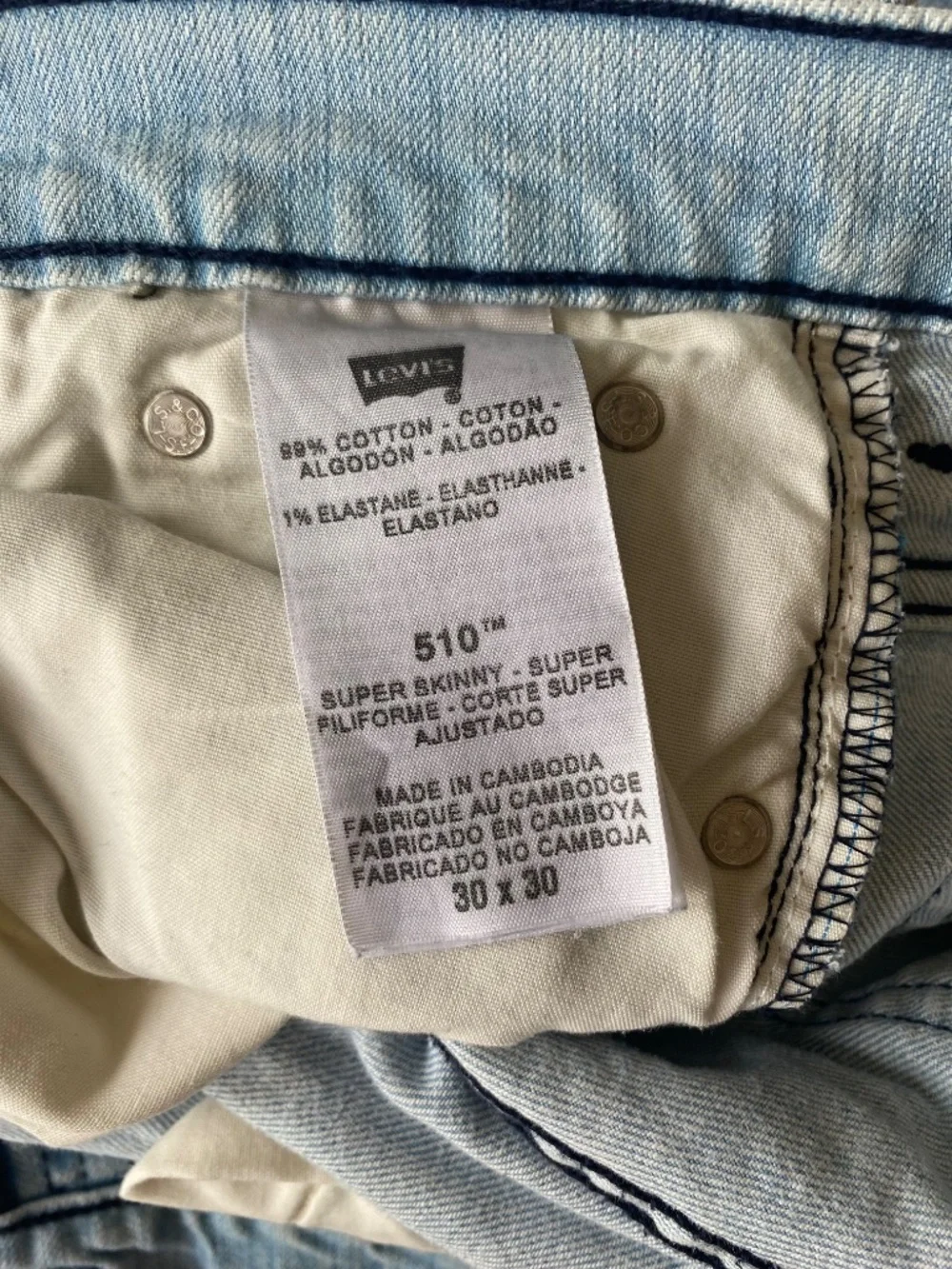Levi's 510 30 x 30 Unisex Light Blue Navy Stitch Skinny Vintage Distressed